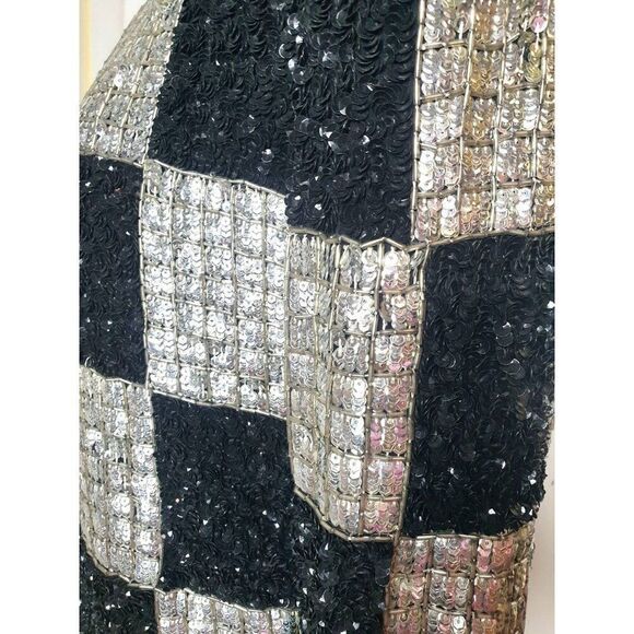 Vintage NITE Line Black Silver Sequin Jacket S Checkered Open Front Silk India - Picture 5 of 7